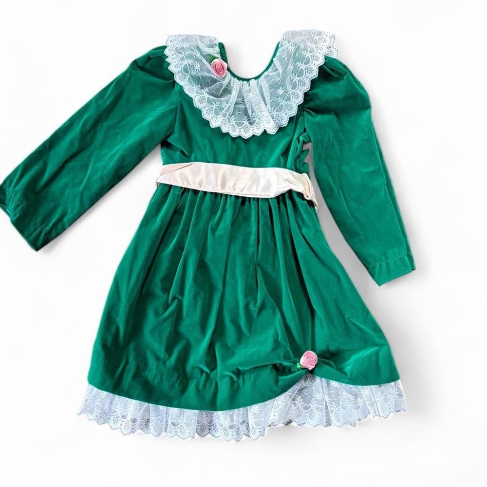 Green Lace-Trimmed Girls' vintage y2k  Dress with Pink Accents size 6y